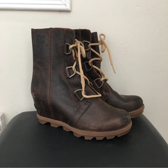 Sorel Joan of Arctic Burro (Brown) Leather Wedge Mid High Bootie Lace Up Boot - Picture 2 of 8